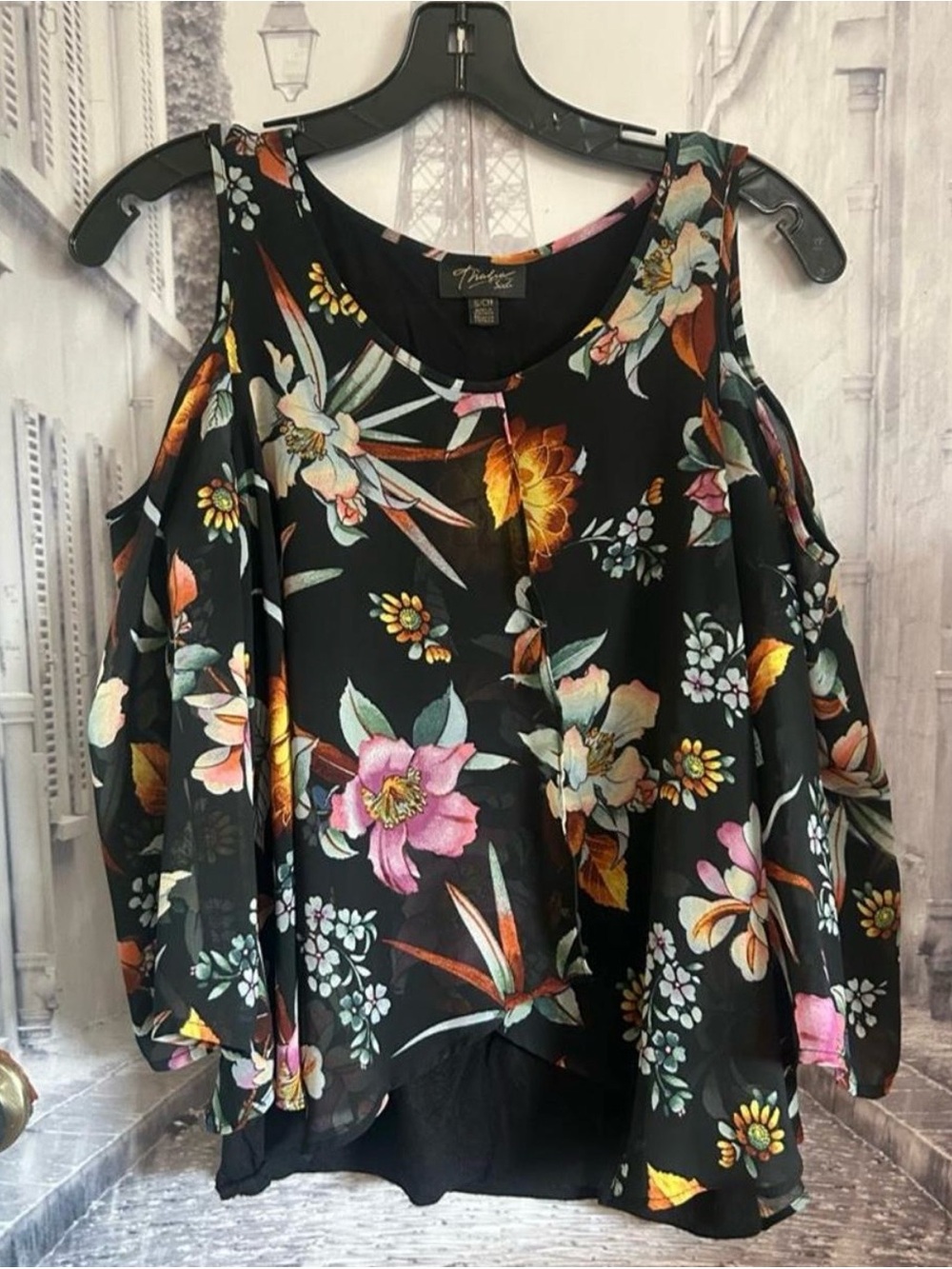 Thalia Sodi Black Cold-Shoulder Floral Blouse with Multi-Color Blooms